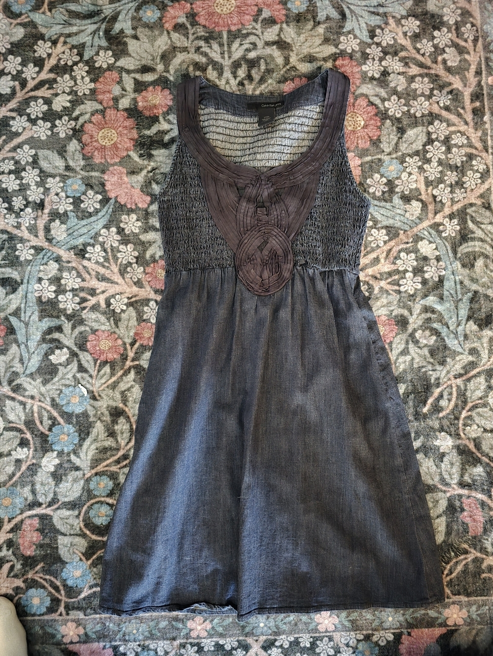 Calvin Klein Jeans Dark Denim Tank Dress Smocked Bodice Size Small